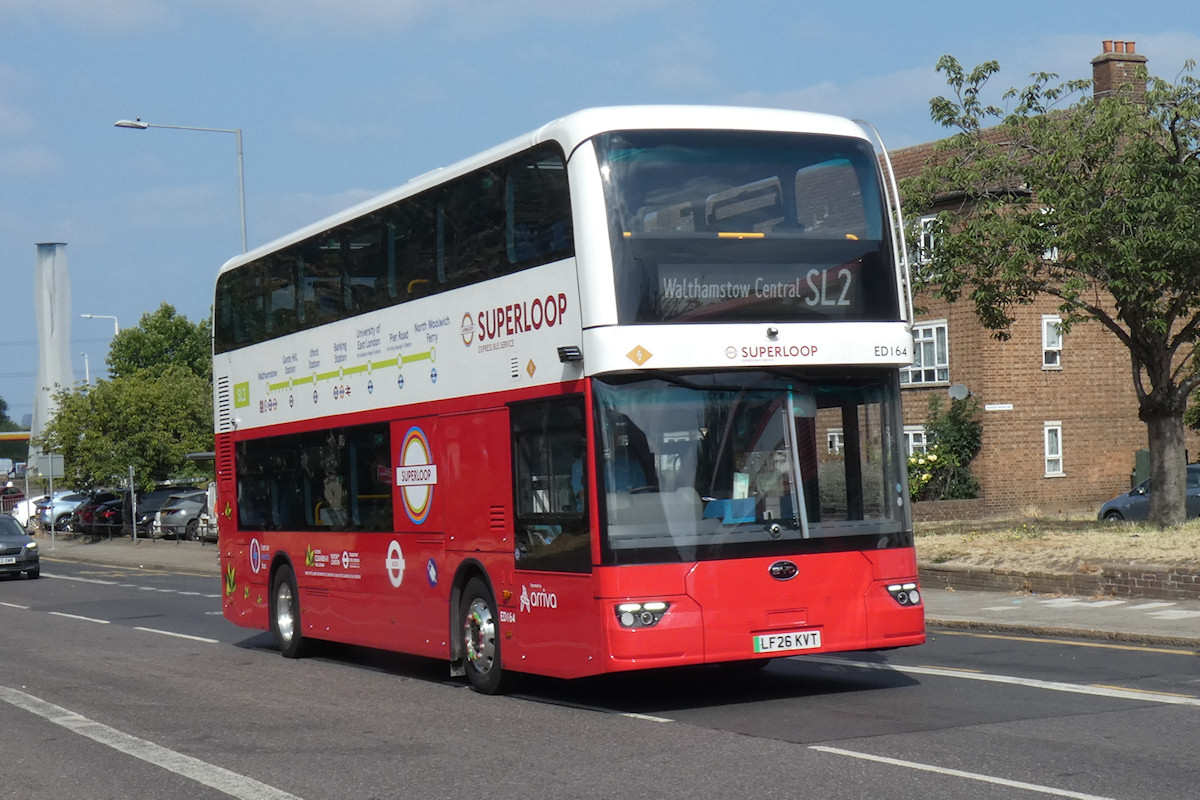 Arriva London BYD B11E02 ED164 on route SL2 in Barking on 18th July 2026, the day it reallocated from Barking Garage to Tottenham and converted from hybrid to electric operation. Photo by Thomas Young