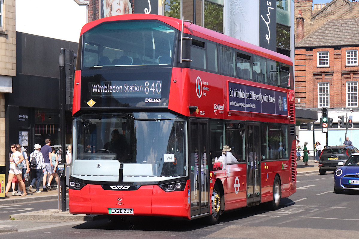 Go-Ahead London Wrightbus StreetDeck Electroliner DEL163 seen at Wimbledon on tennis shuttles on 11th July 2026. Photo by Derek Everson