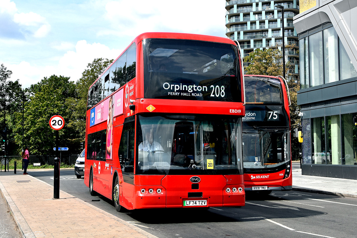 Go-Ahead London BYD B11E02 EBD19 makes an appearance on route 208 on 23rd July 2026, two days before the route passed to Stagecoach. Photo by Colin Stannard